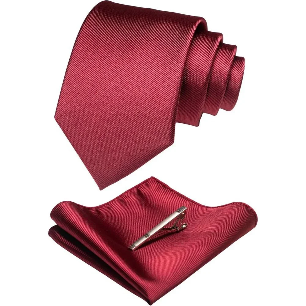 Men's Burgundy Colour Formal Necktie and Pocket Square Tie Clip Sets